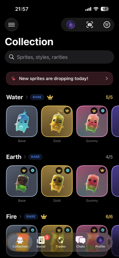 Sprite Catch collection screen showing Water, Earth and Fire Sprites in Base, Gold and Gummy styles