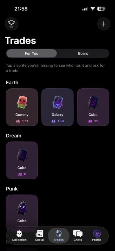 Sprite Catch trades screen